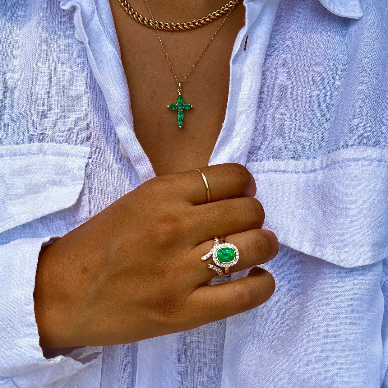 Cushion Emerald and Diamond Engagement Ring