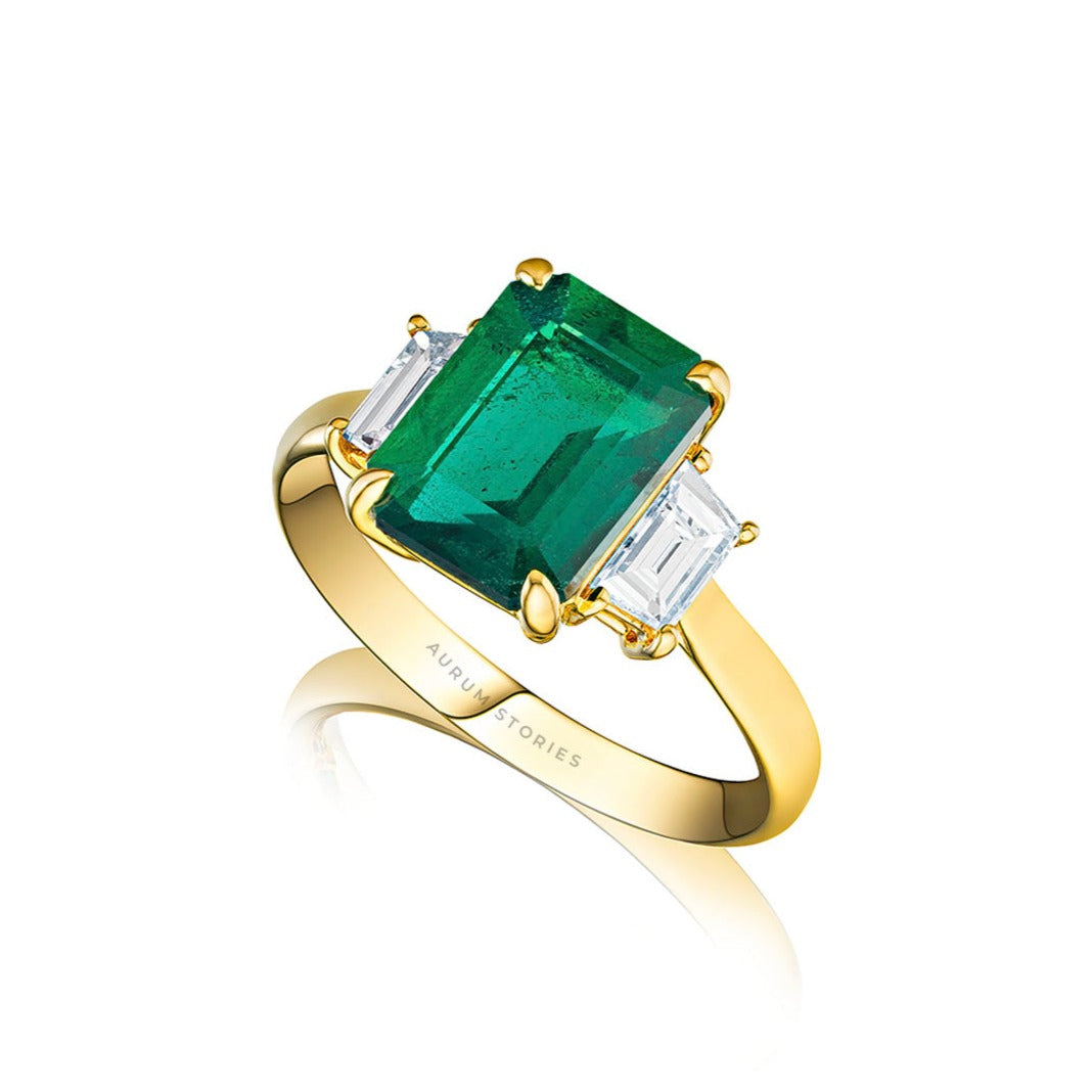 Emerald Cut  Diamond and Emerald Ring