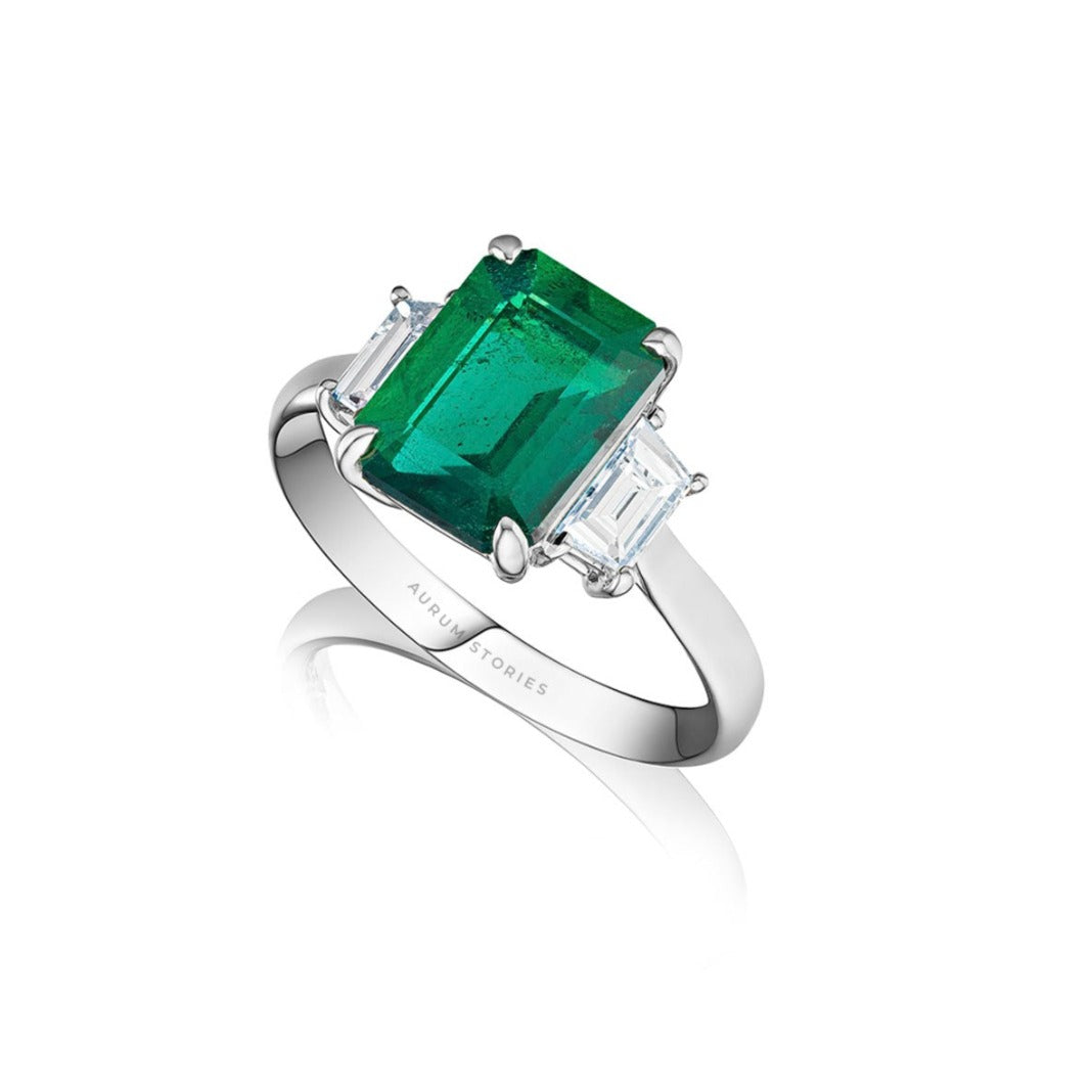 Emerald Cut  Diamond and Emerald Ring